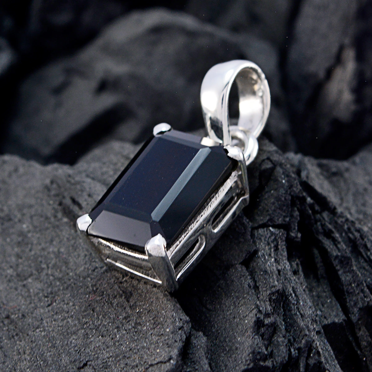 Riyo Natural Gemstone Octogon Faceted Black Black Onyx Solid Silver Pendant christmas gifts