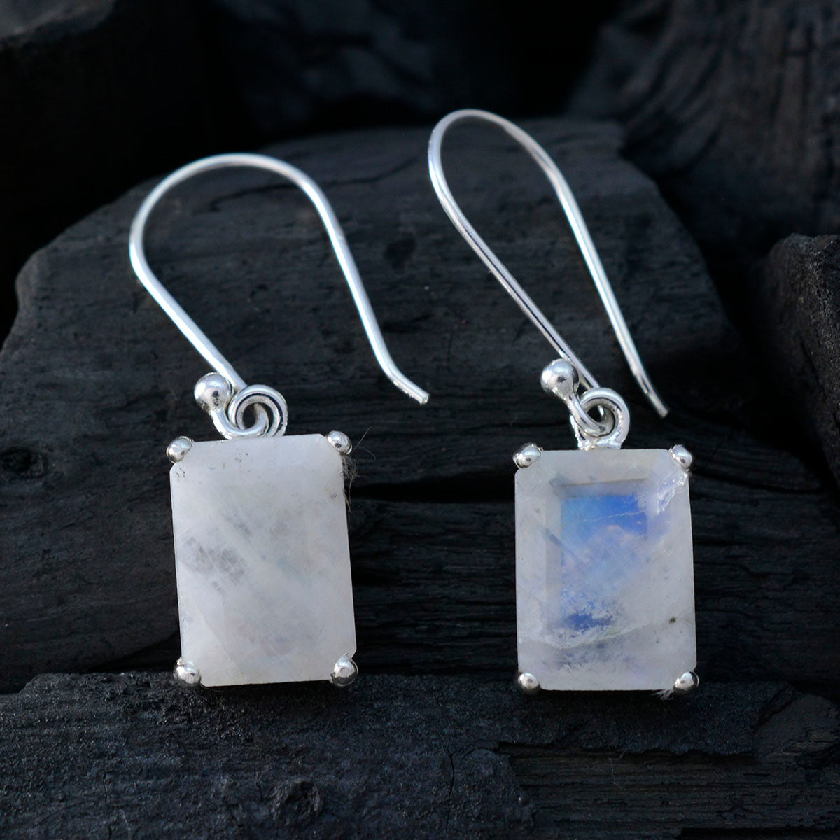 Riyo Natural Gemstone Octogon Faceted White Rainbow Moonstone Silver Earrings gift for christmas day