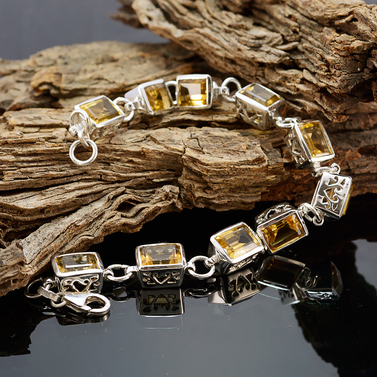 Riyo Natural Gemstone Octogon Faceted Yellow Citrine Silver Bracelet christmas gifts