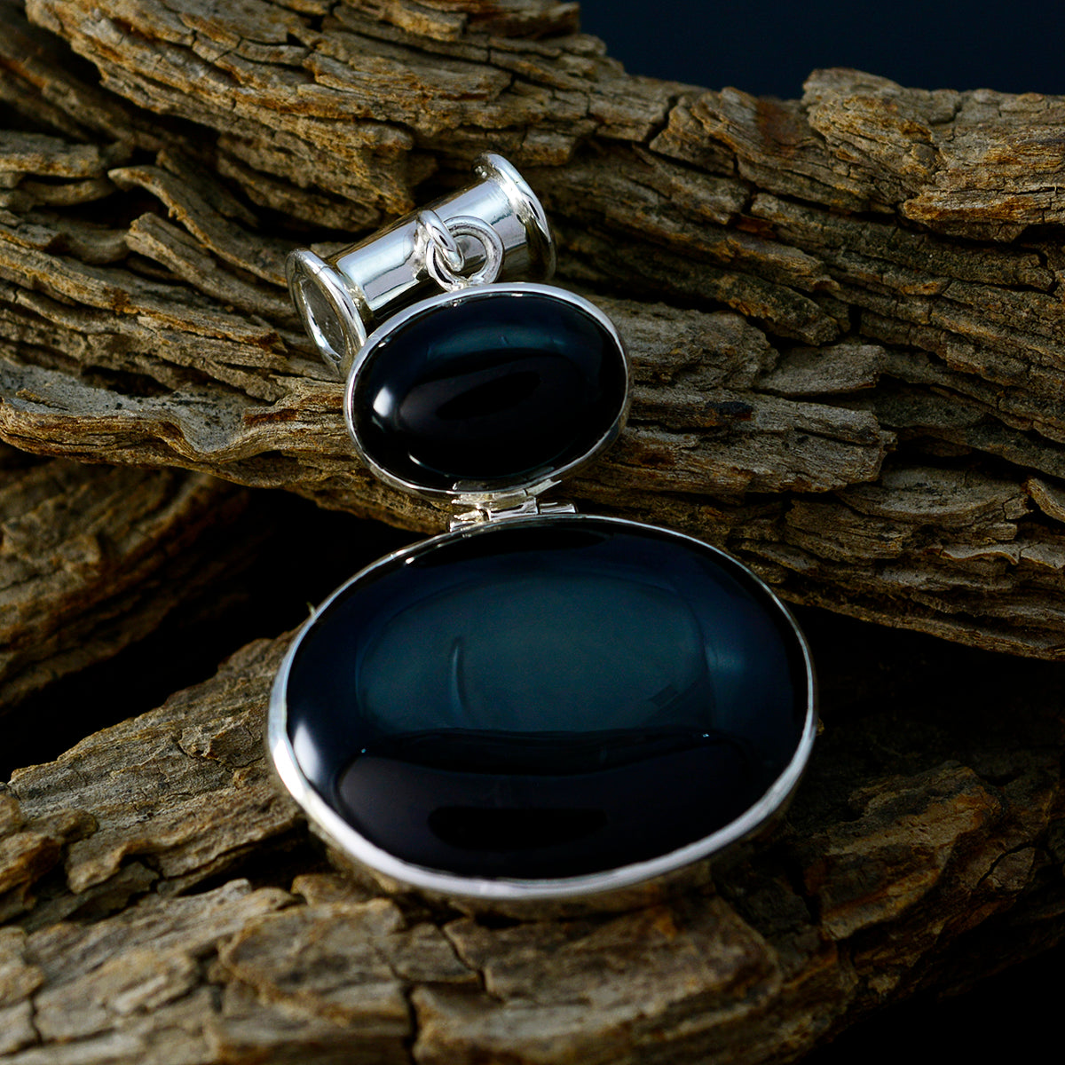 Riyo Natural Gemstone Oval Cabochon Black Black Onyx Sterling Silver Pendant halloween gift