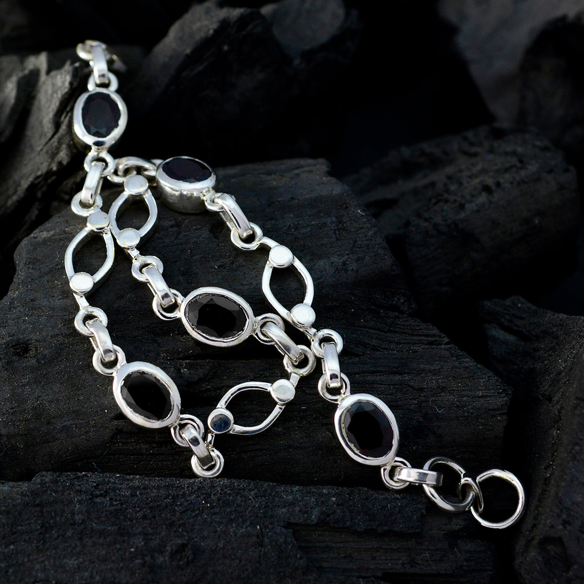 Riyo Natural Gemstone Oval Faceted Black Black Onyx Silver Bracelets gift for handmade