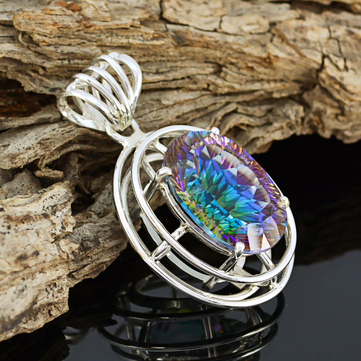 Riyo Natural Gemstone Oval Faceted Multi Color Mystic Quartz 925 Sterling Silver Pendants gift for mother