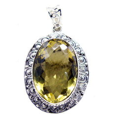Riyo Natural Gemstone Oval checker Yellow Lemon Quartz 925 Silver Pendant gift
