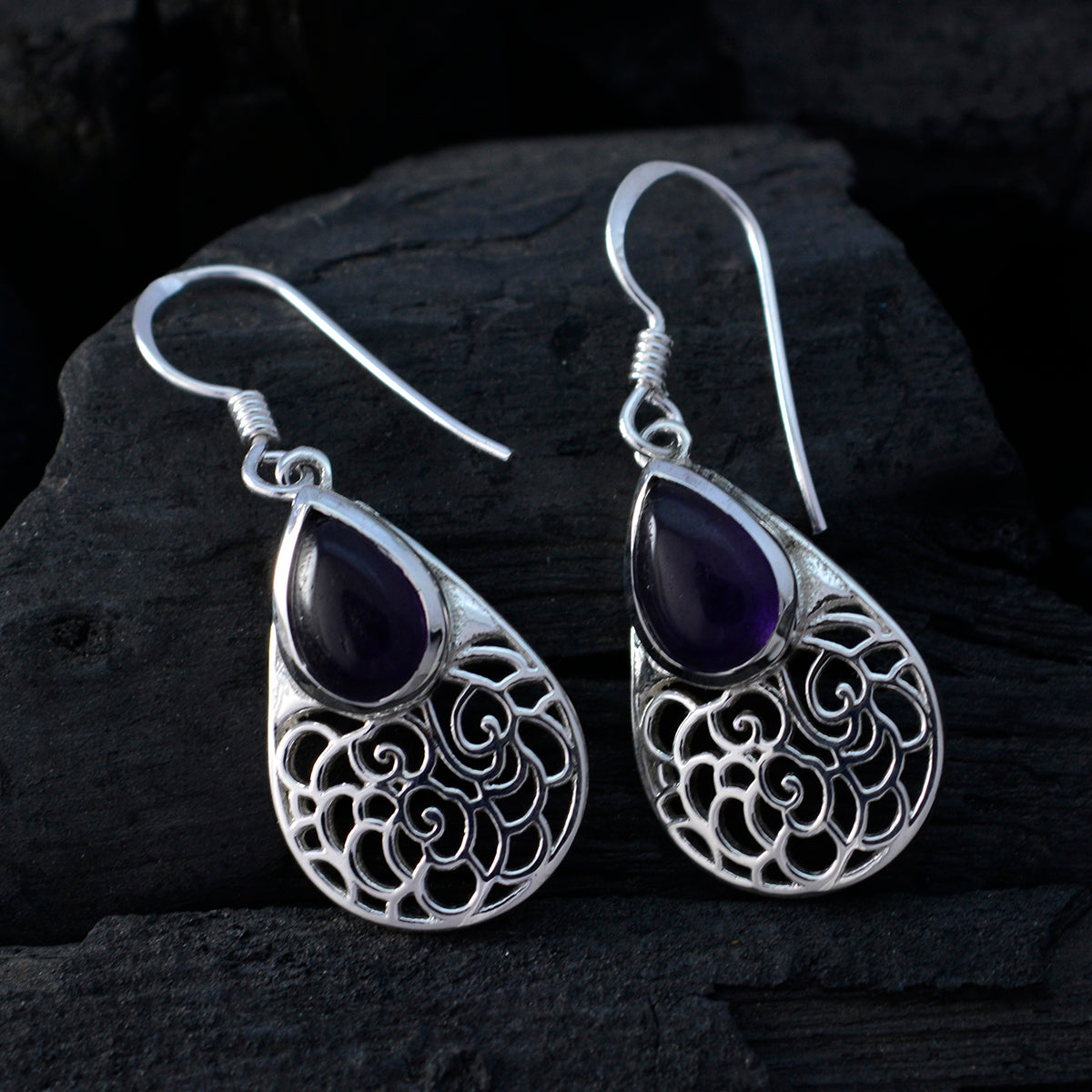 Riyo Natural Gemstone Pear Cabochon Purple Amethyst Silver Earrings gift for handmade