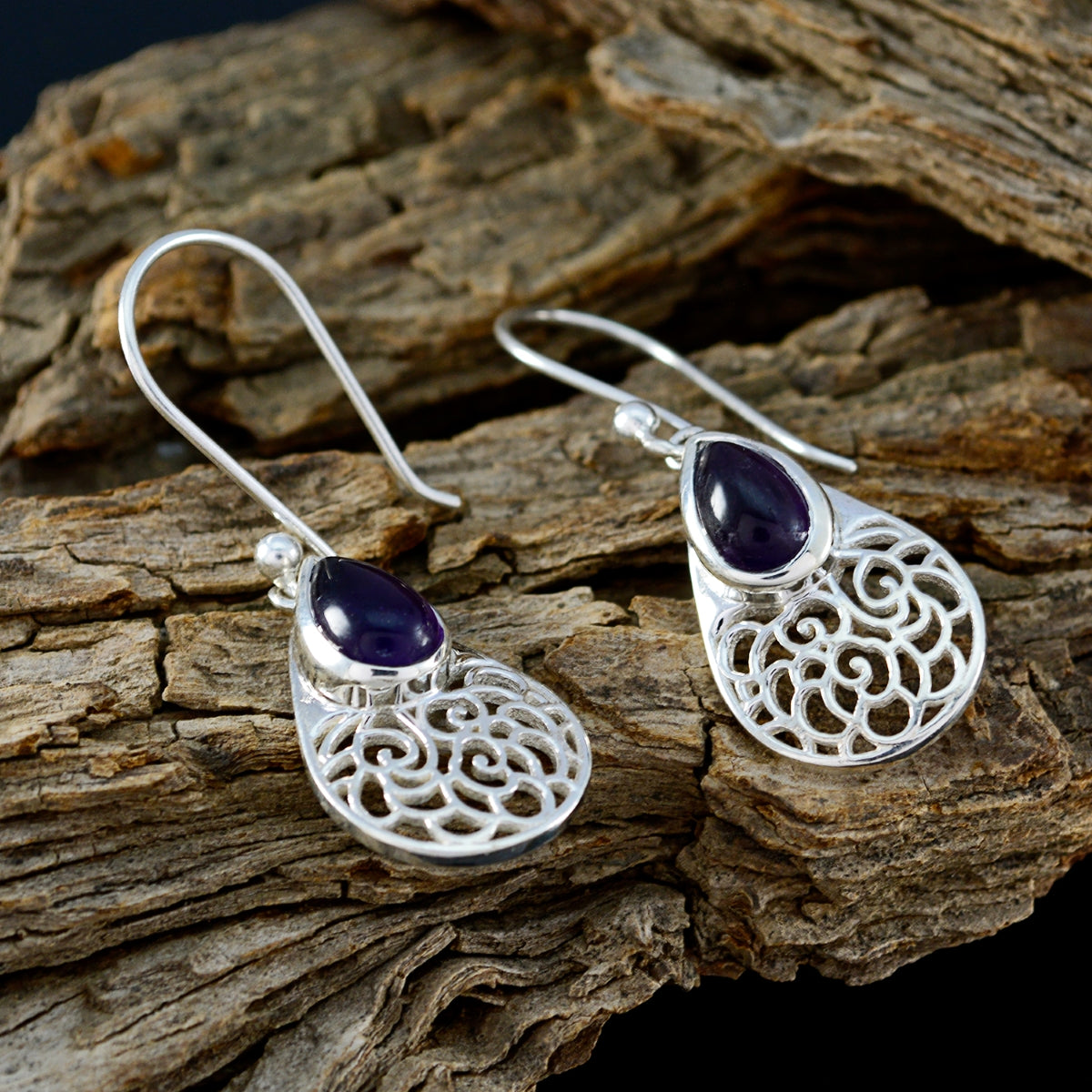 Riyo Natural Gemstone Pear Cabochon Purple Amethyst Silver Earrings gift for handmade