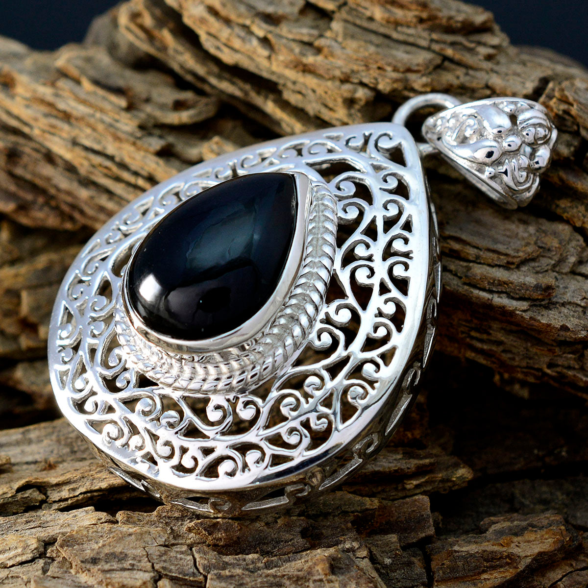 Riyo Natural Gemstone Pear Faceted Black Black Onyx 925 Sterling Silver Pendant engagement gift