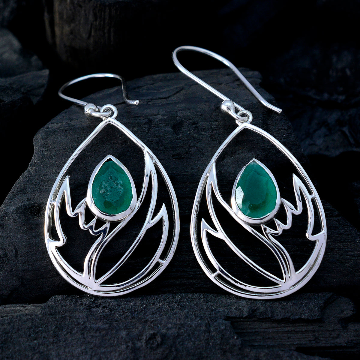 Riyo Natural Gemstone Pear Faceted Green Indian Emerald Silver Earring gift for st. patricks day