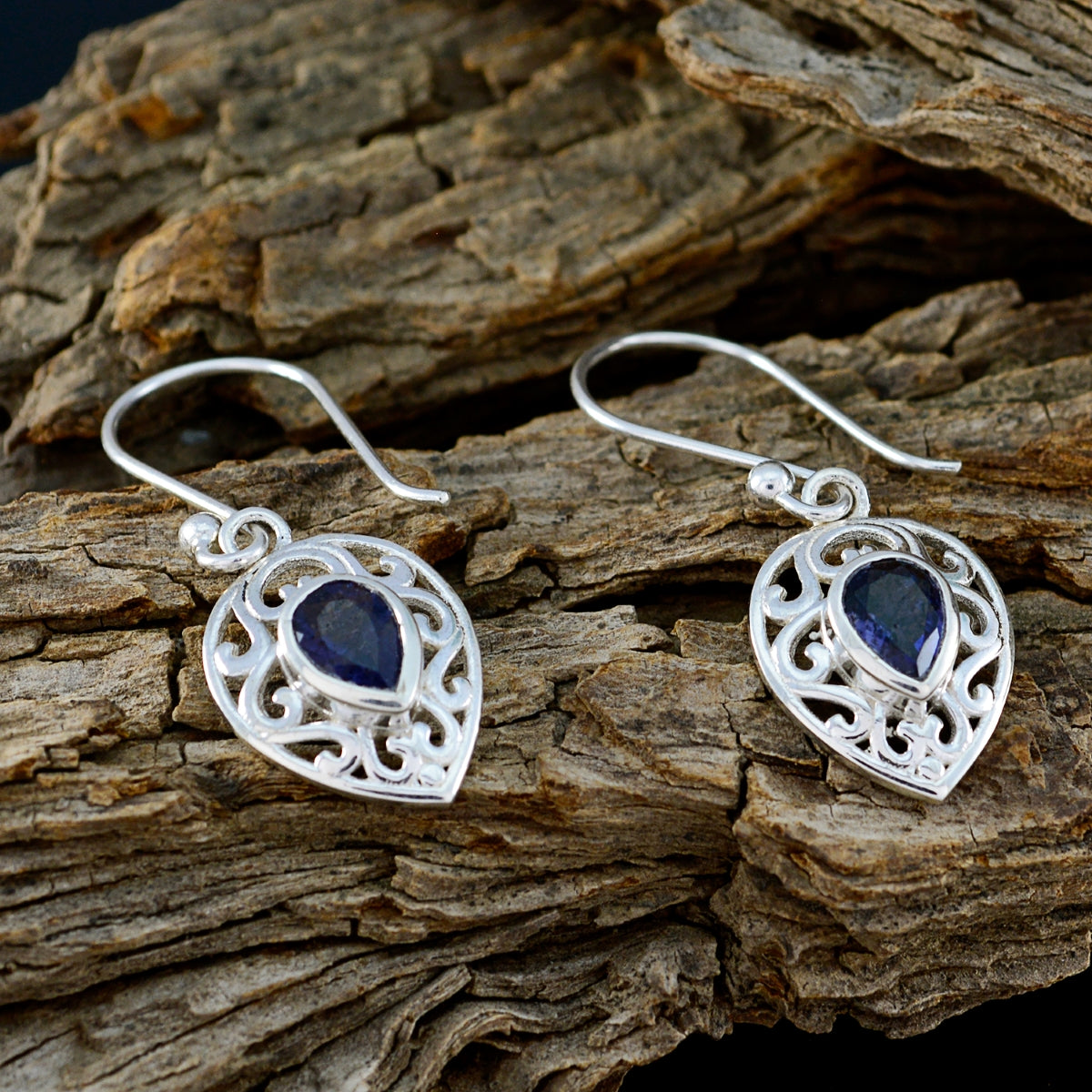 Riyo Natural Gemstone Pear Faceted Nevy Blue Iolite Silver Earrings gift for boxing day