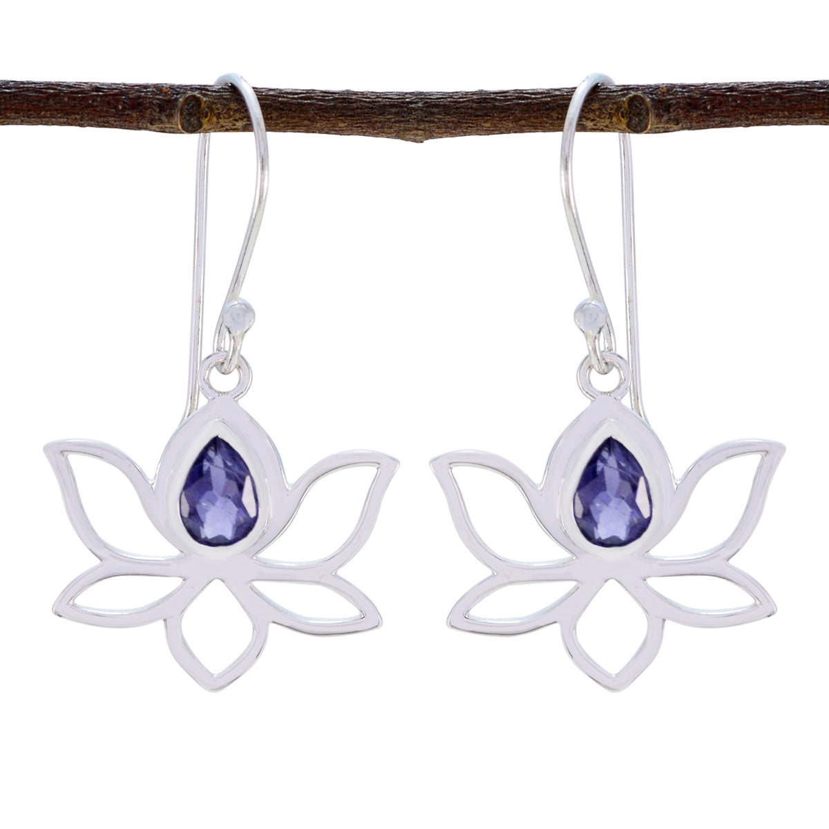 Riyo Natural Gemstone Pear Faceted Nevy Blue Iolite Silver Earrings gift for handmade