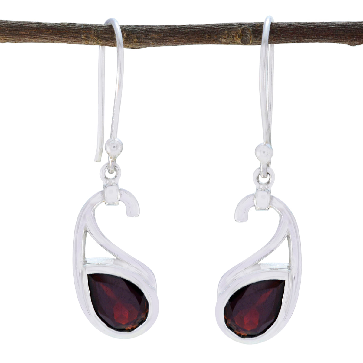 Riyo Natural Gemstone Pear Faceted Red Garnet Silver Earring gift for girlfriend