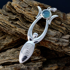 Riyo Natural Gemstone Round Cabochon Aqua Aqua Chalcedony Sterling Silver Pendants brithday gift