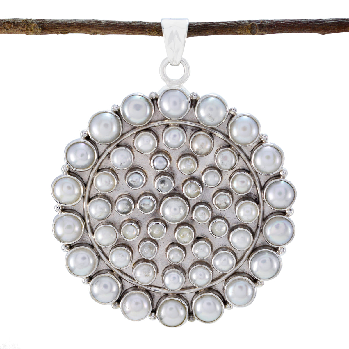 Riyo Natural Gemstone Round Cabochon White Pearl 925 Silver Pendant gift for st. patricks day