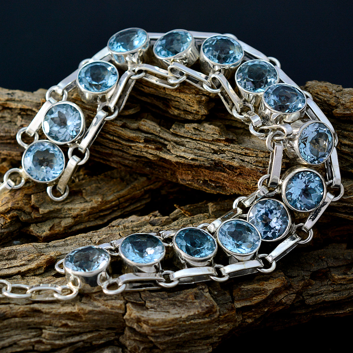 Riyo Natural Gemstone Round Faceted Blue Blue Topaz Silver Bracelets brithday gift