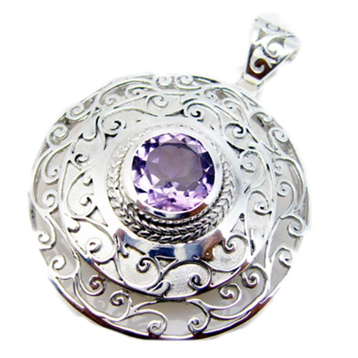 Riyo Natural Gemstone Round Faceted Purple Amethyst 925 Sterling Silver Pendant gift for good Friday