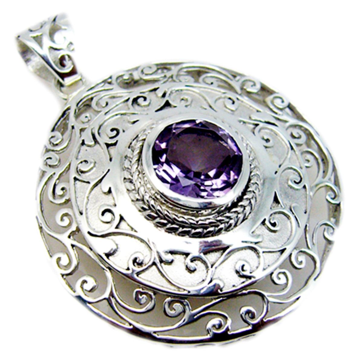 Riyo Natural Gemstone Round Faceted Purple Amethyst 925 Sterling Silver Pendant gift for good Friday