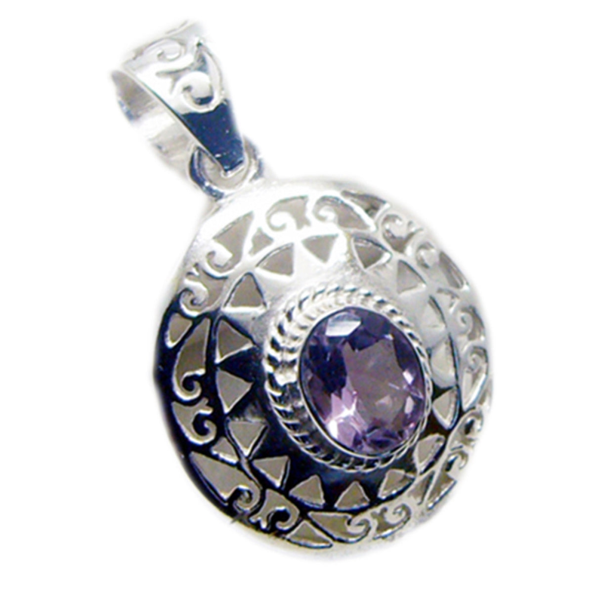 Riyo Natural Gemstone Round Faceted Purple Amethyst Solid Silver Pendants gift for engagement