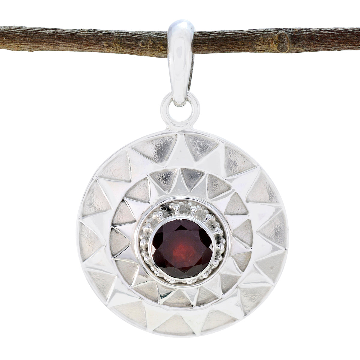 Riyo Natural Gemstone Round Faceted Red Garnet Solid Silver Pendants gift for anniversary
