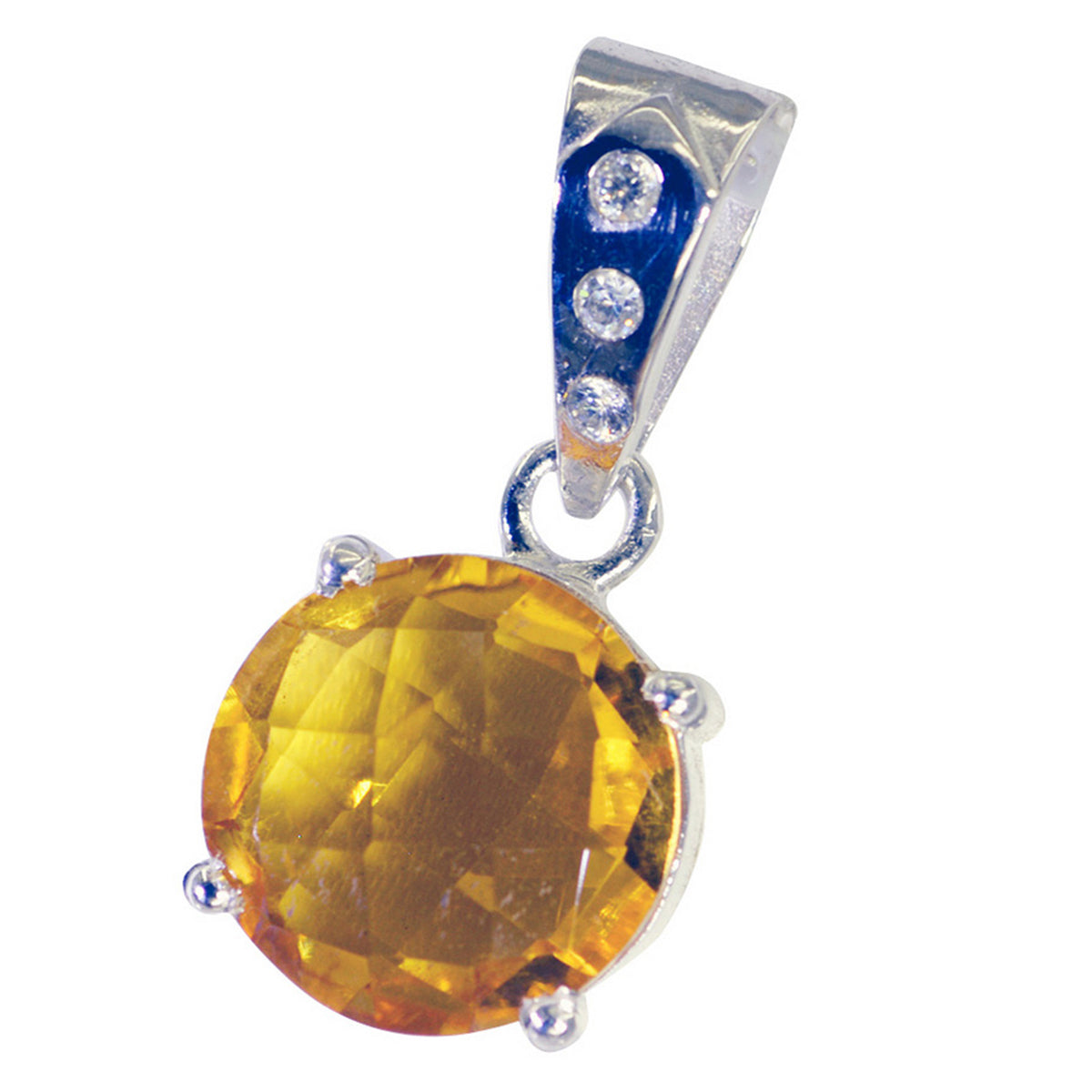 Riyo Natural Gemstone Round checker Yellow Citrine Sterling Silver Pendant gift for wife