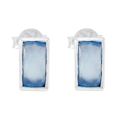 Riyo Natural Gemstone baguette Faceted Blue Chalcedony Silver Earrings gift for mom