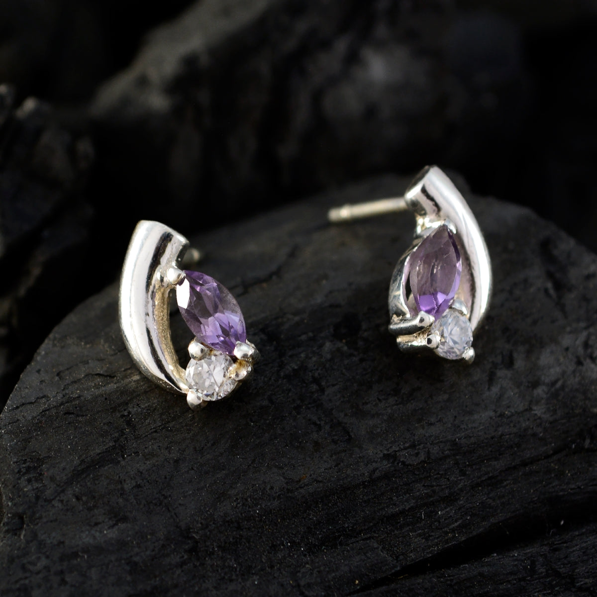 Riyo Natural Gemstone marquise Faceted Purple Amethyst Silver Earrings christmas gifts