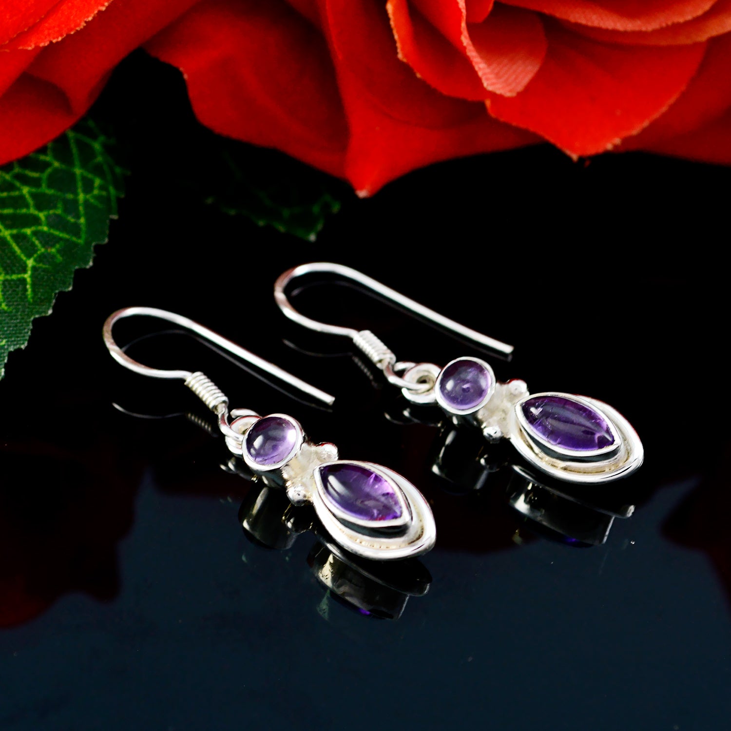 Riyo Natural Gemstone multi shape Cabochon Purple Amethyst Silver Earring gift for friends