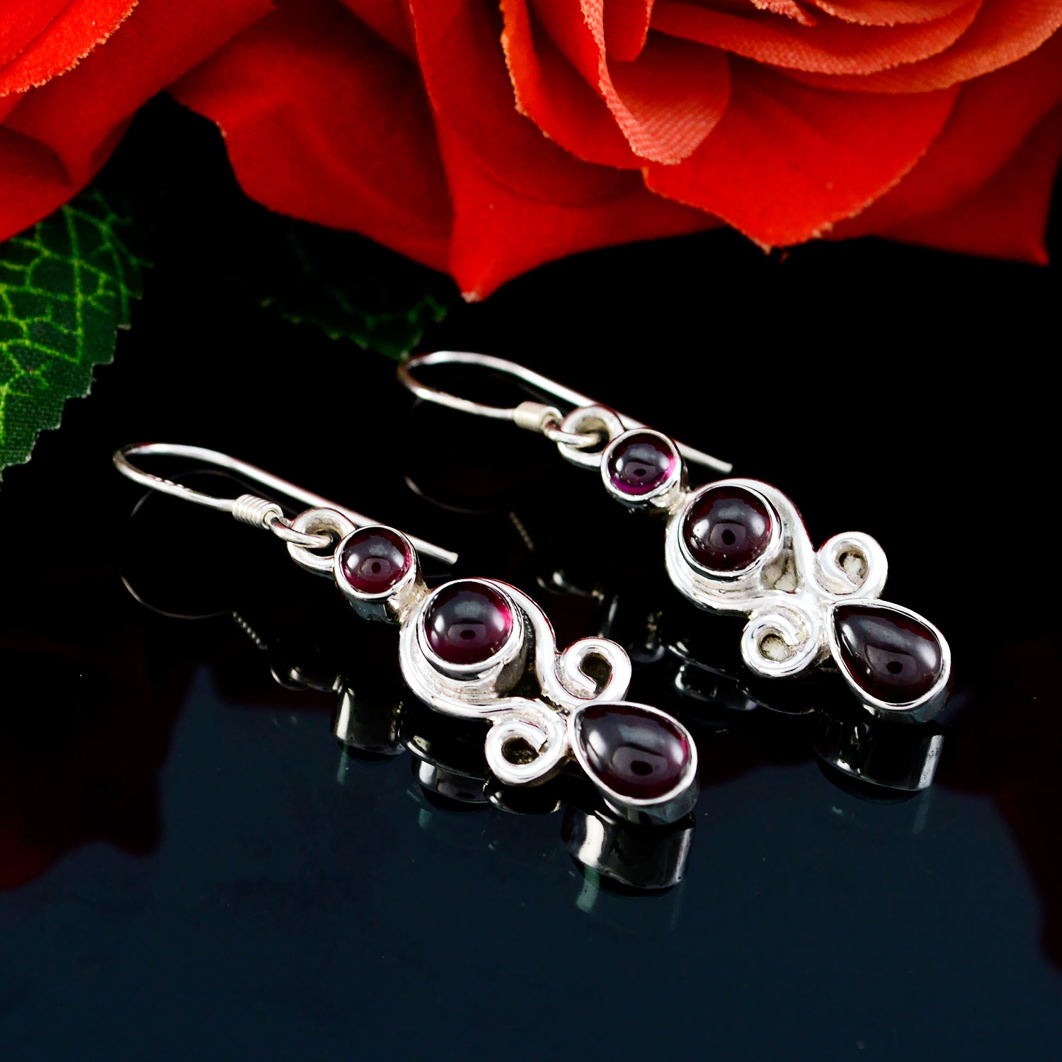 Riyo Natural Gemstone multi shape Cabochon Red Garnet Silver Earring gift fordaughter day
