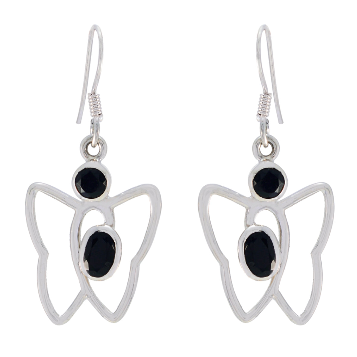 Riyo Natural Gemstone multi shape Faceted Black Onyx Silver Earrings gift for independence day