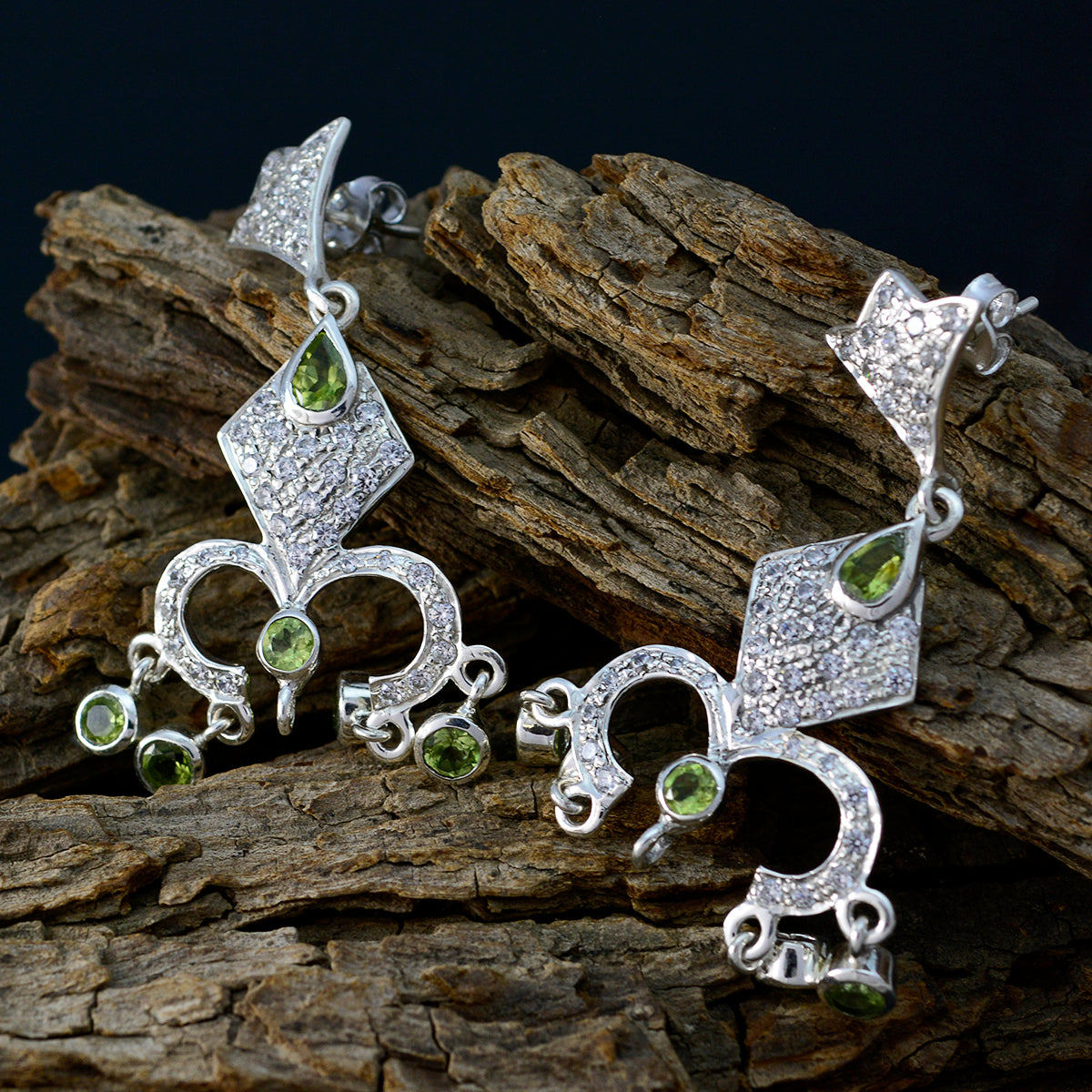 Riyo Natural Gemstone multi shape Faceted Green Peridot Silver Earrings independence day gift