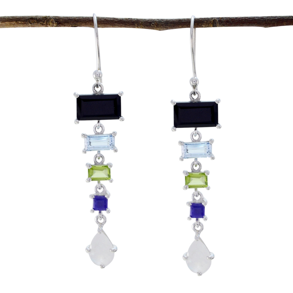 Riyo Natural Gemstone multi shape Faceted Multi Multi Stone Silver Earring children day gift