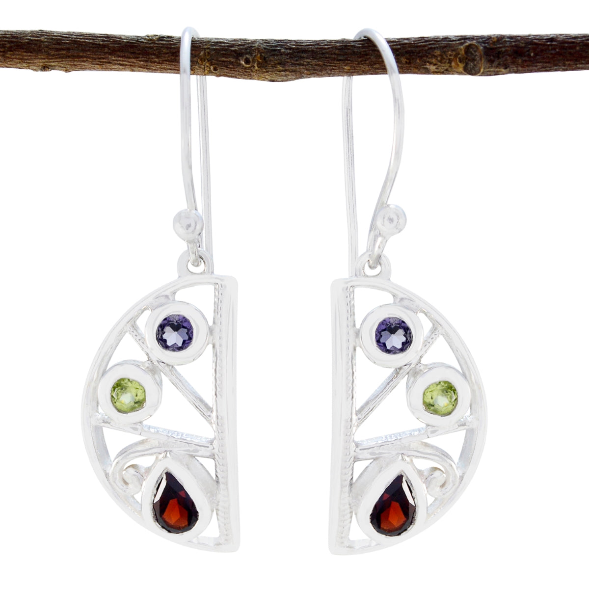 Riyo Natural Gemstone multi shape Faceted Multi Multi Stone Silver Earring gift for mother's day