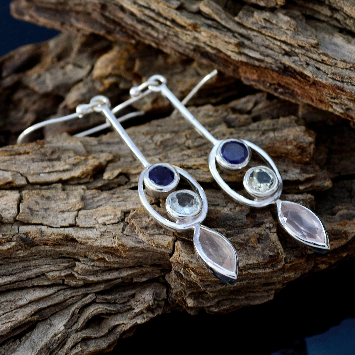 Riyo Natural Gemstone multi shape Faceted Multi Multi Stone Silver Earring moms day gift