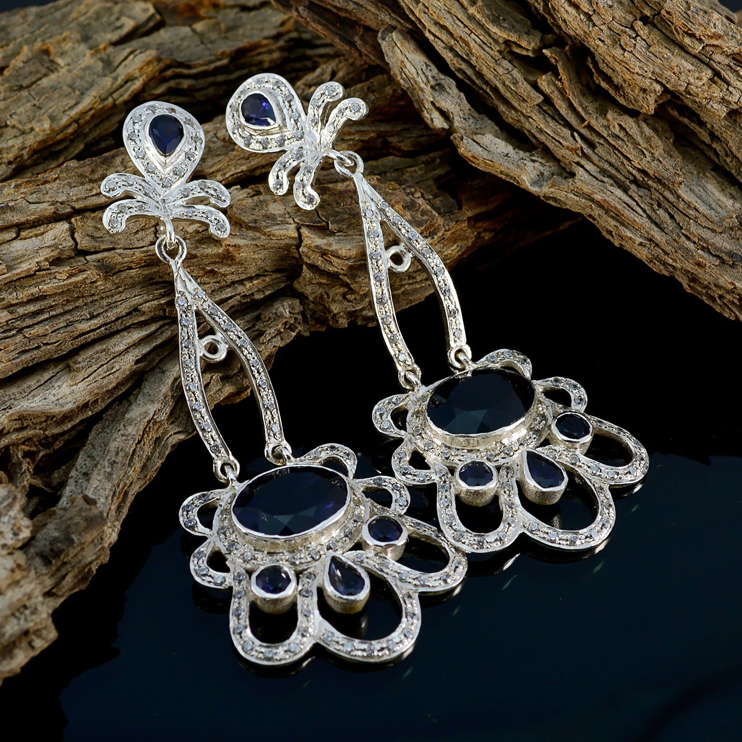 Riyo Natural Gemstone multi shape Faceted Nevy Blue Iolite Silver Earrings st. patricks day gift