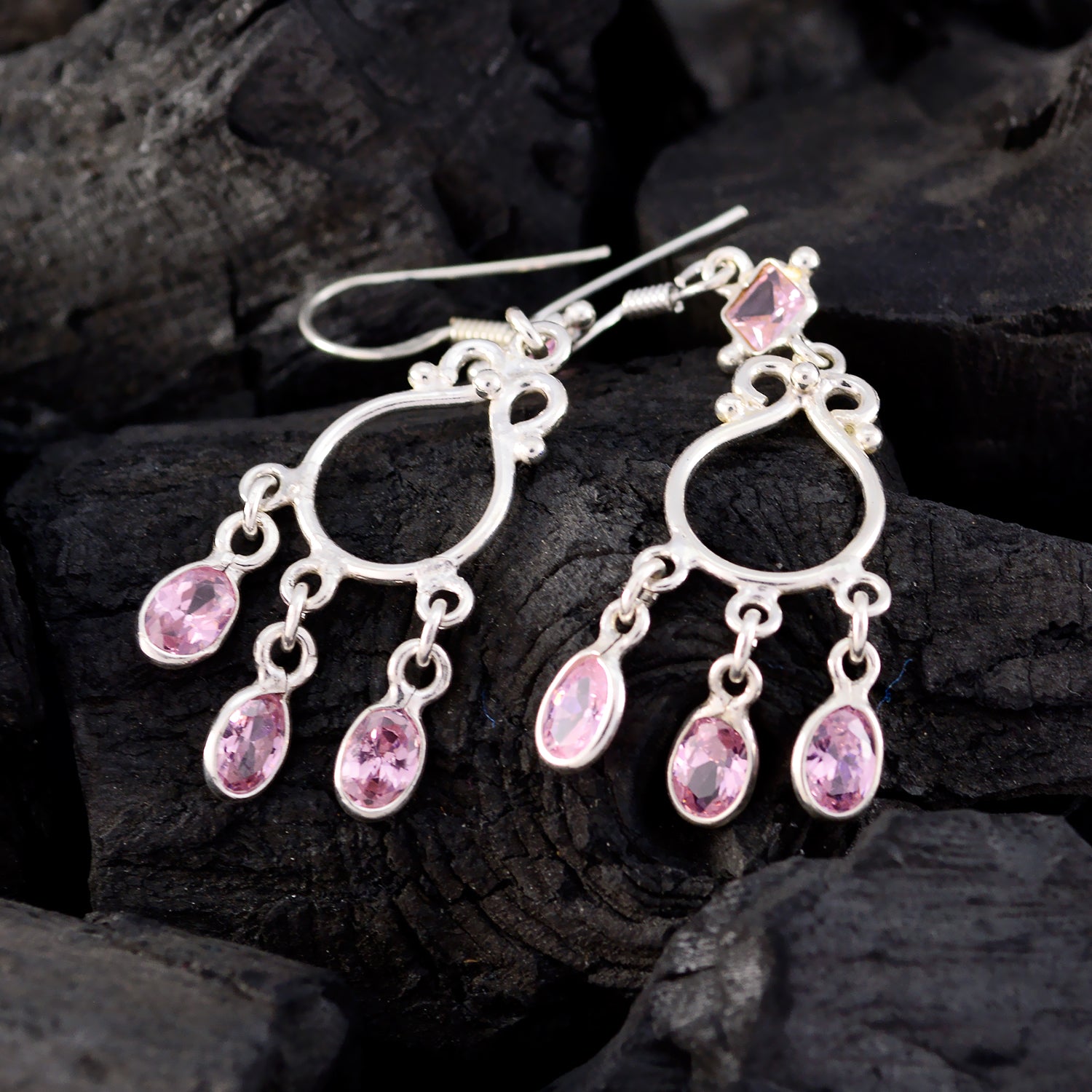 Riyo Natural Gemstone multi shape Faceted Pink Pink CZ Silver Earrings gift for friendship day