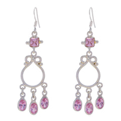 Riyo Natural Gemstone multi shape Faceted Pink Pink CZ Silver Earrings gift for friendship day
