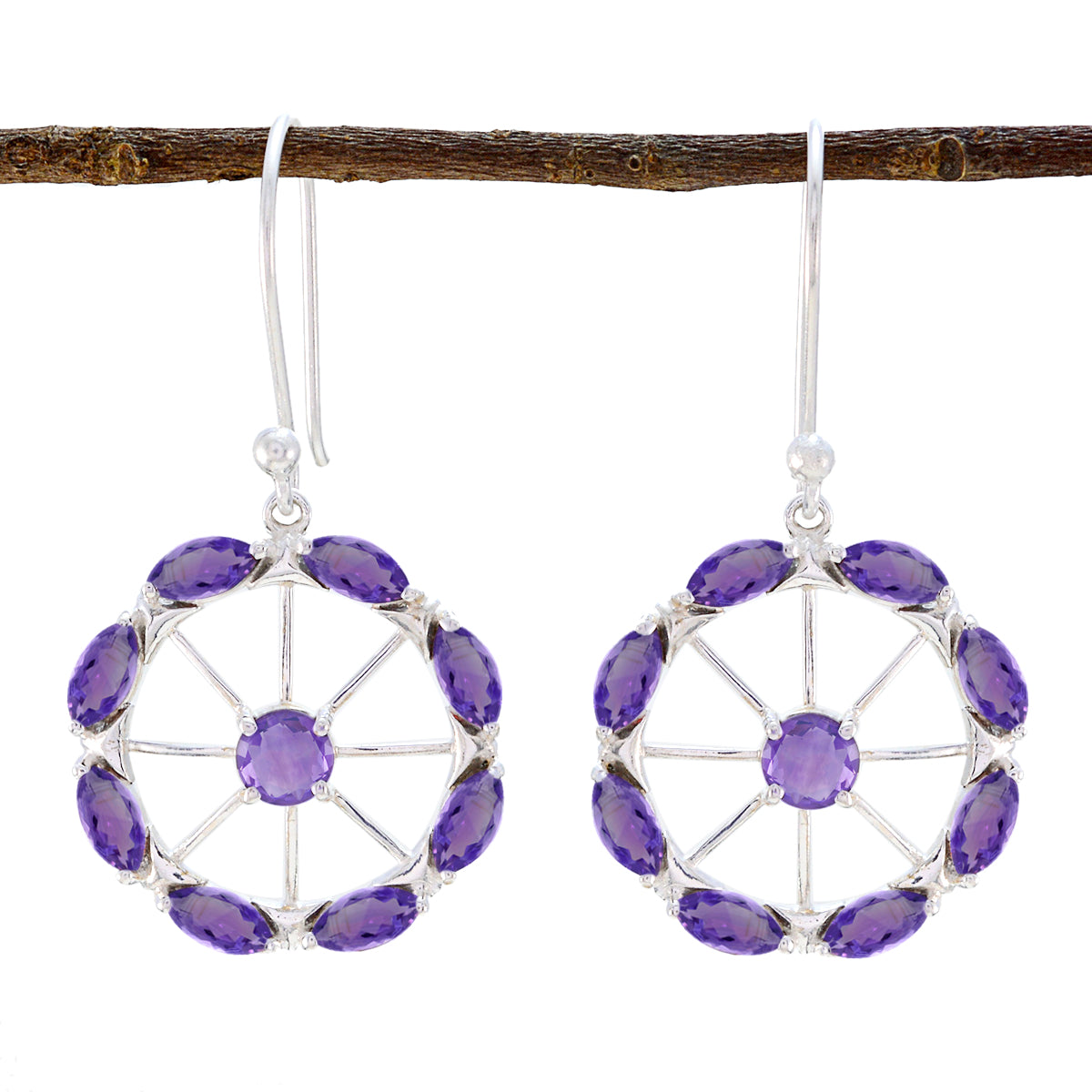 Riyo Natural Gemstone multi shape Faceted Purple Amethyst Silver Earring gift for girlfriend