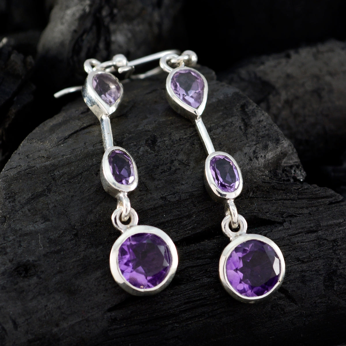 Riyo Natural Gemstone multi shape Faceted Purple Amethyst Silver Earring gift for wife