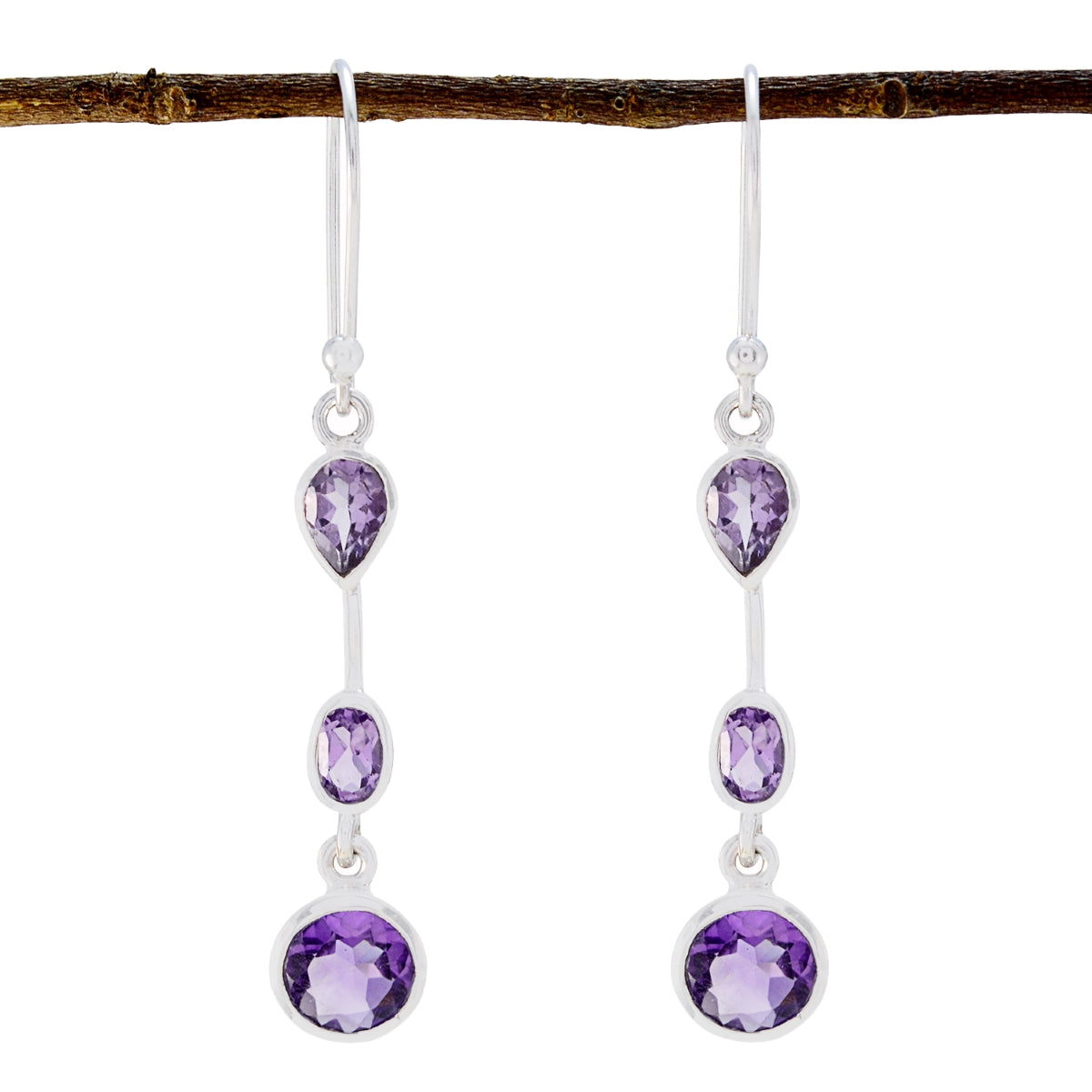 Riyo Natural Gemstone multi shape Faceted Purple Amethyst Silver Earring gift for wife