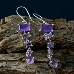 Riyo Natural Gemstone multi shape Faceted Purple Amethyst Silver Earrings gift for teachers day