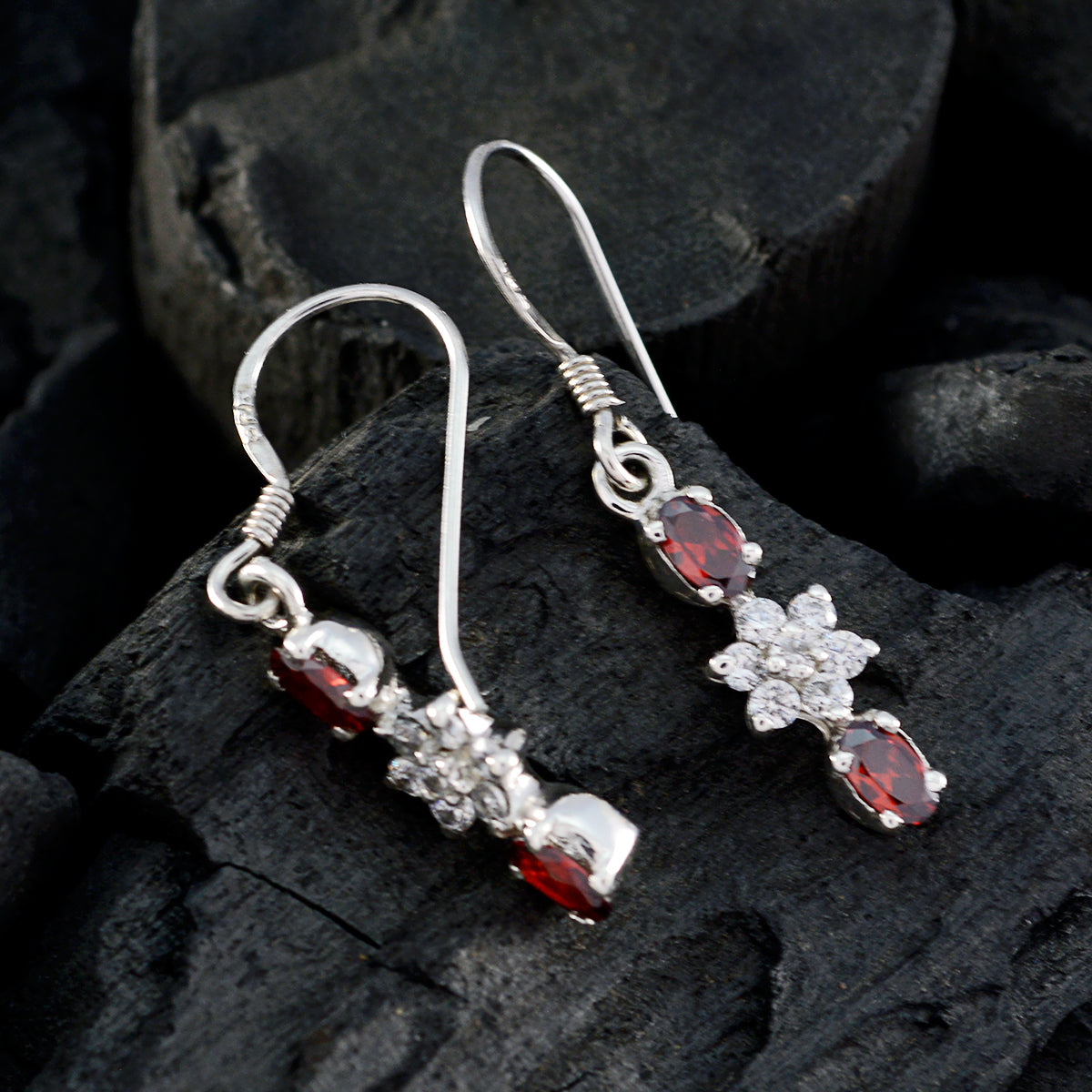 Riyo Natural Gemstone multi shape Faceted Red Garnet Silver Earring grandmother gift
