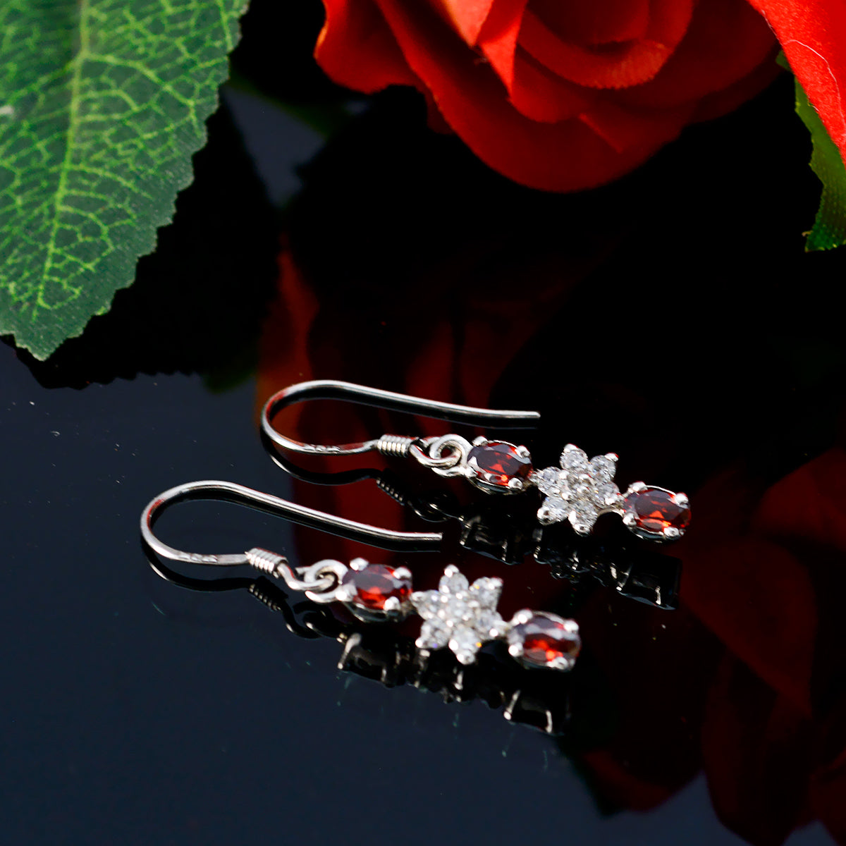 Riyo Natural Gemstone multi shape Faceted Red Garnet Silver Earring grandmother gift