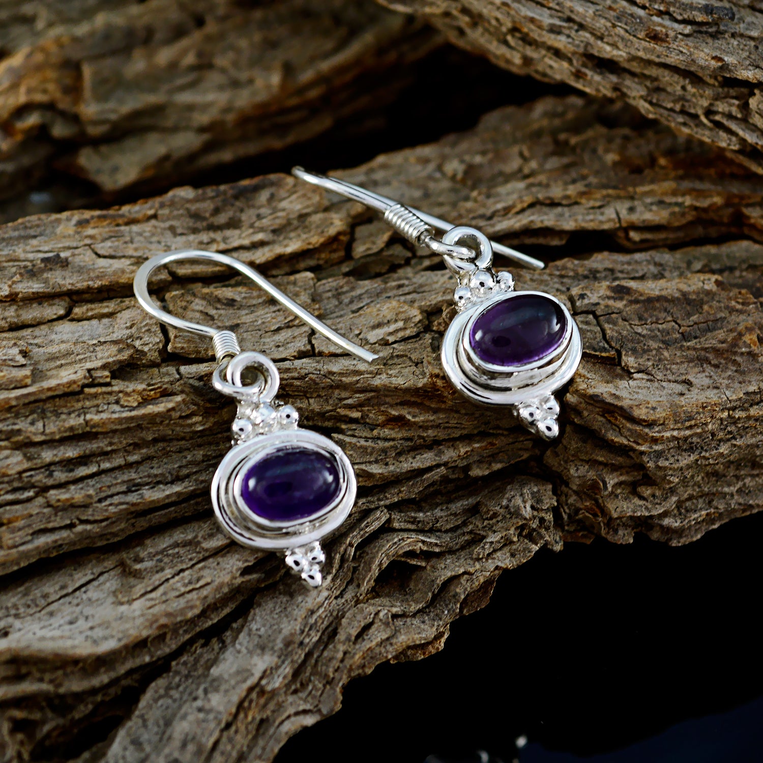 Riyo Natural Gemstone oval Cabochon Purple Amethyst Silver Earrings gift for engagement