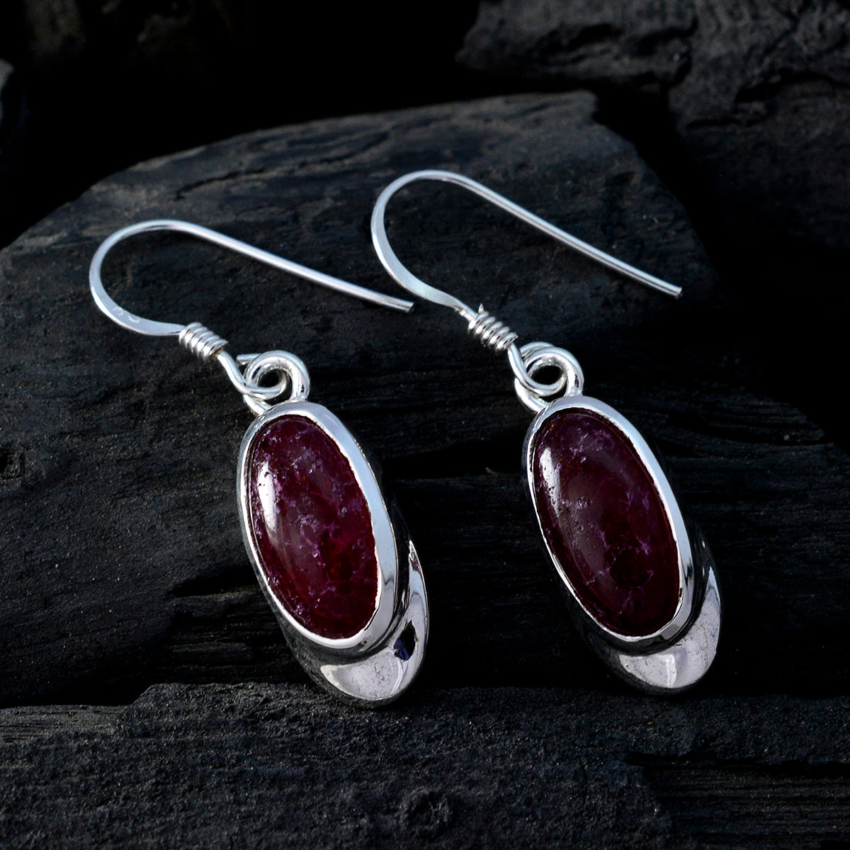 Riyo Natural Gemstone oval Cabochon Red Indian Ruby Silver Earring b' day gift