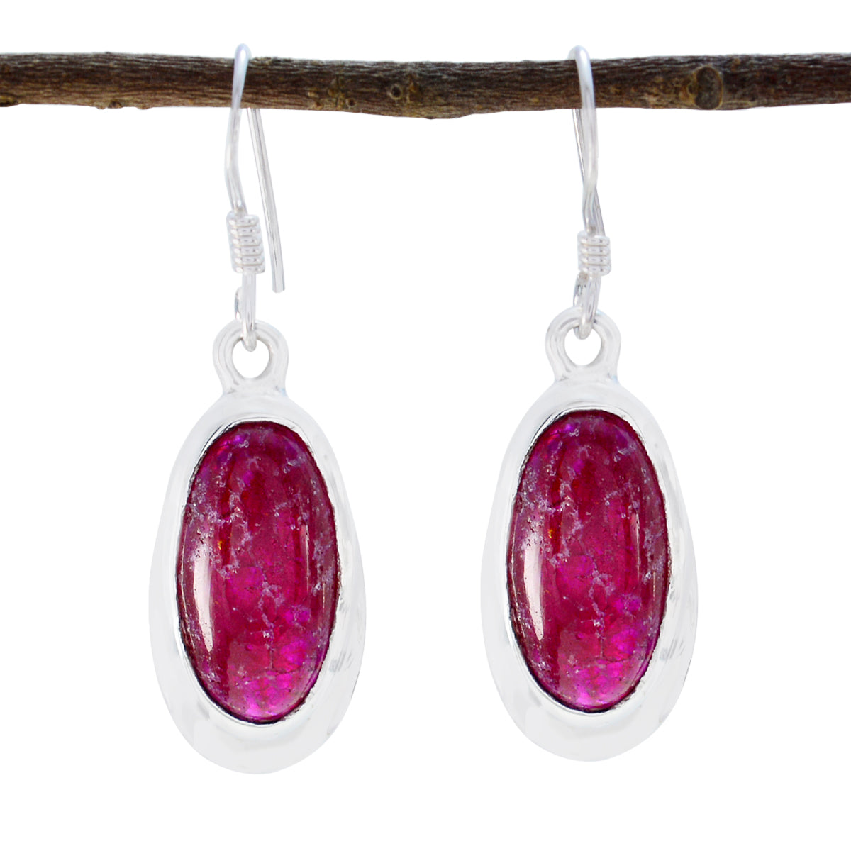 Riyo Natural Gemstone oval Cabochon Red Indian Ruby Silver Earring b' day gift