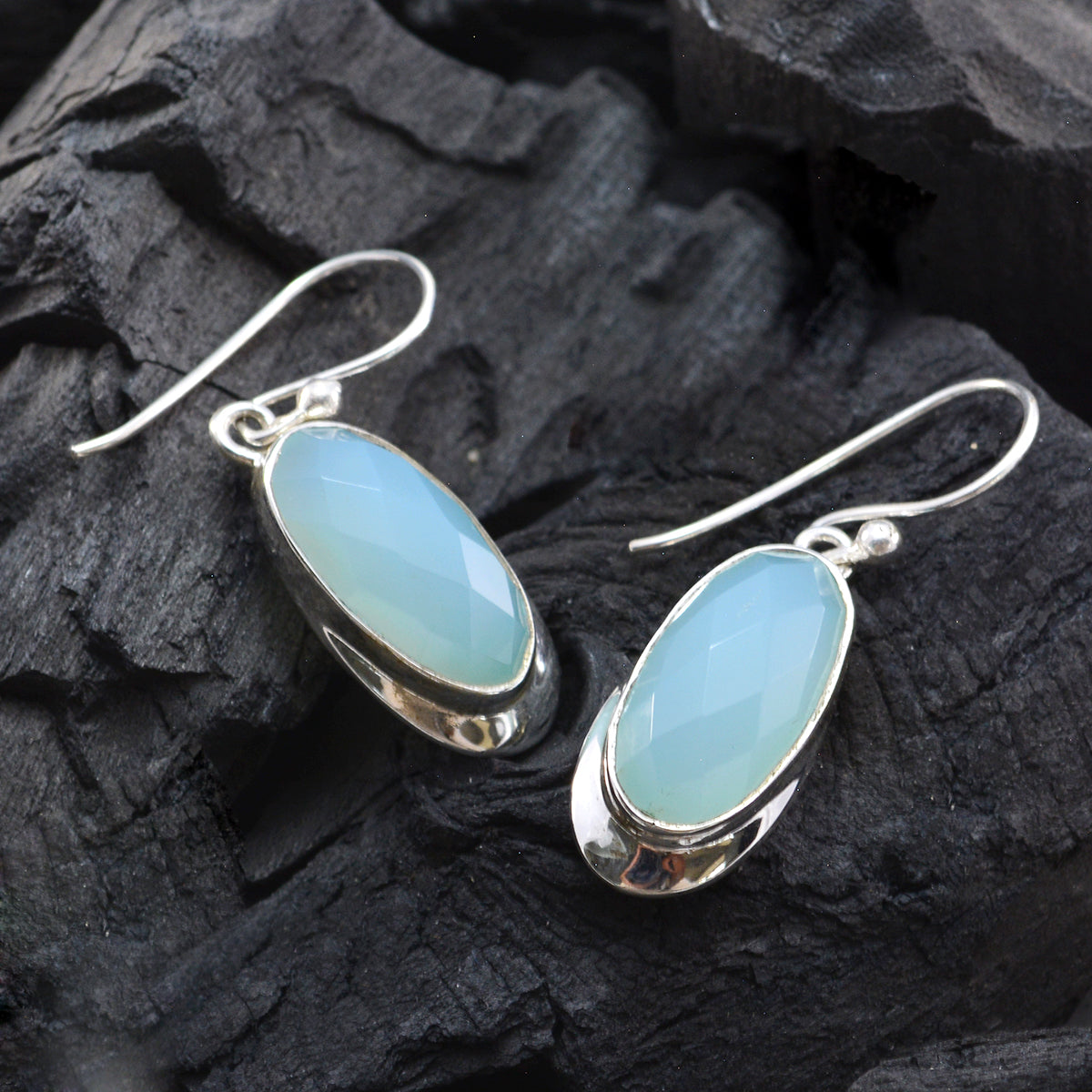 Riyo Natural Gemstone oval Checker Aqua Chalcedoy Silver Earrings gift for halloween