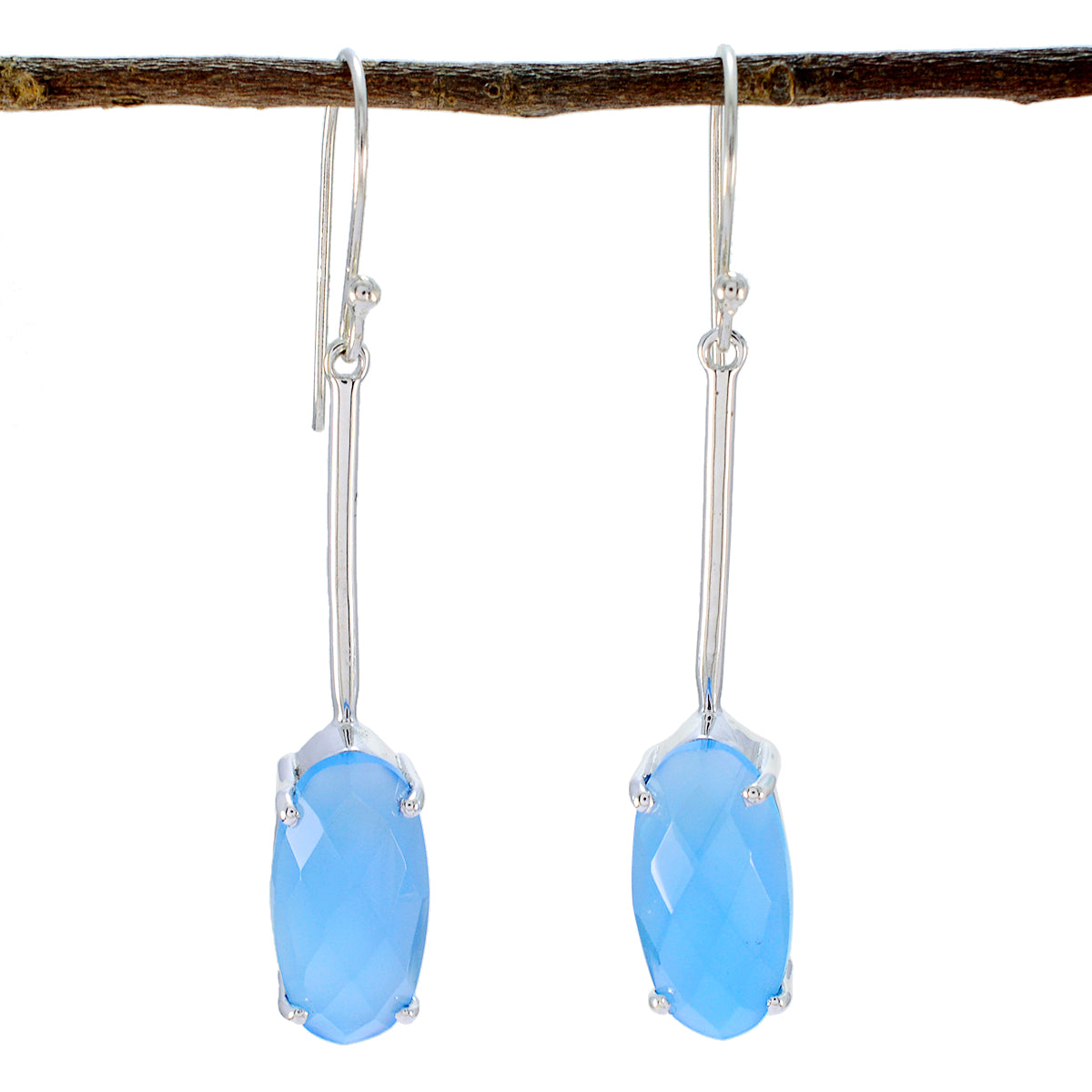 Riyo Natural Gemstone oval Checker Blue Chalcedony Silver Earring gift for engagement