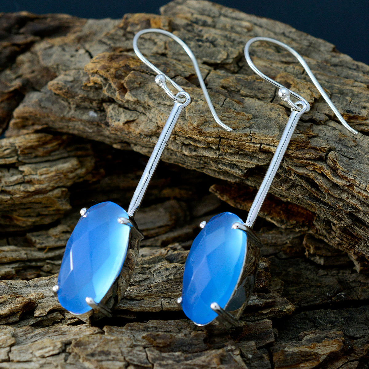 Riyo Natural Gemstone oval Checker Blue Chalcedony Silver Earring gift for engagement