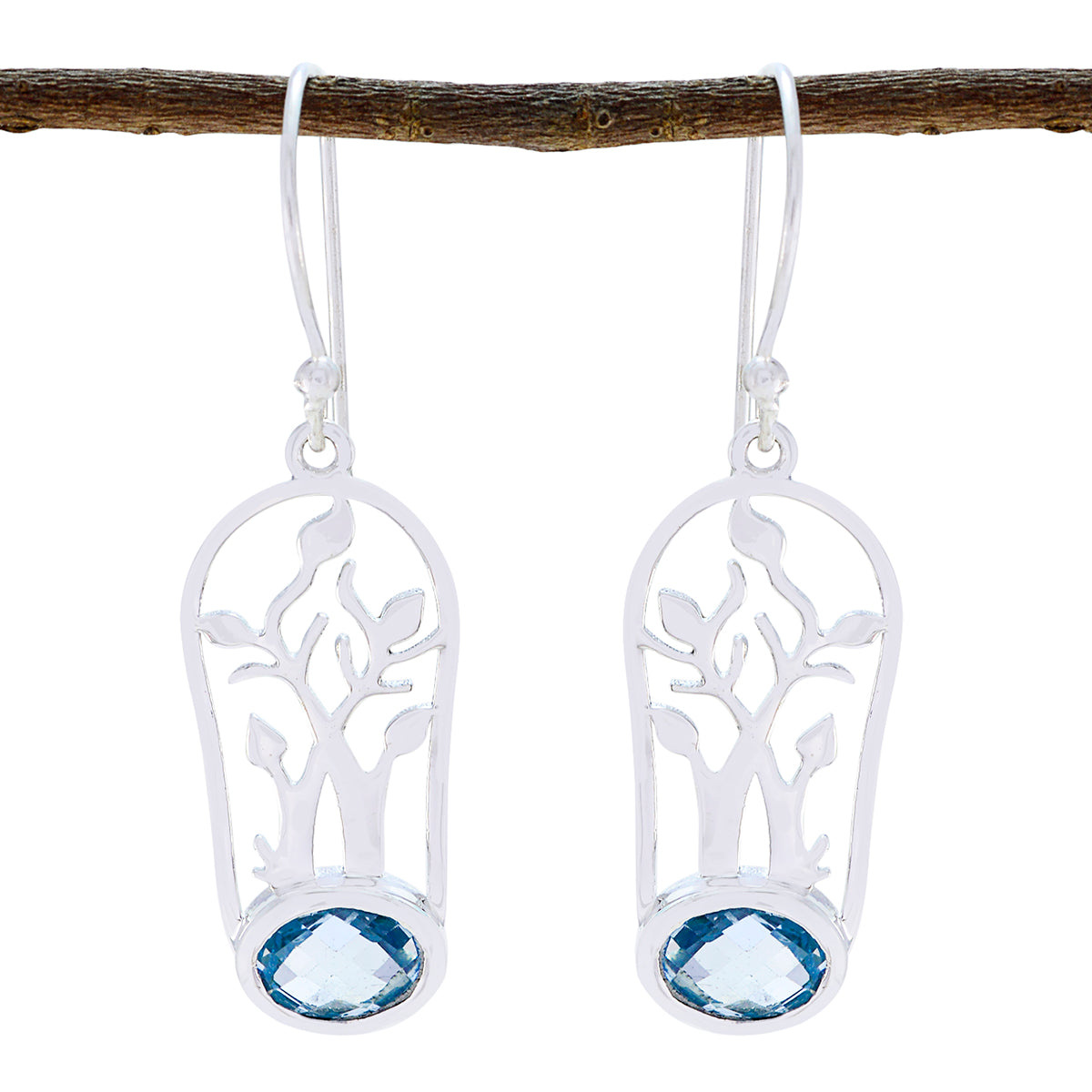 Riyo Natural Gemstone oval Checker Blue Topaz Silver Earring gift for children day