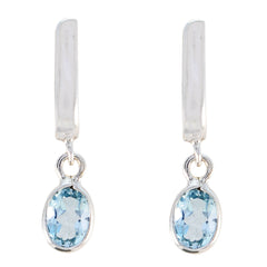 Riyo Natural Gemstone oval Faceted Blue Topaz Silver Earring gift for daughter's day