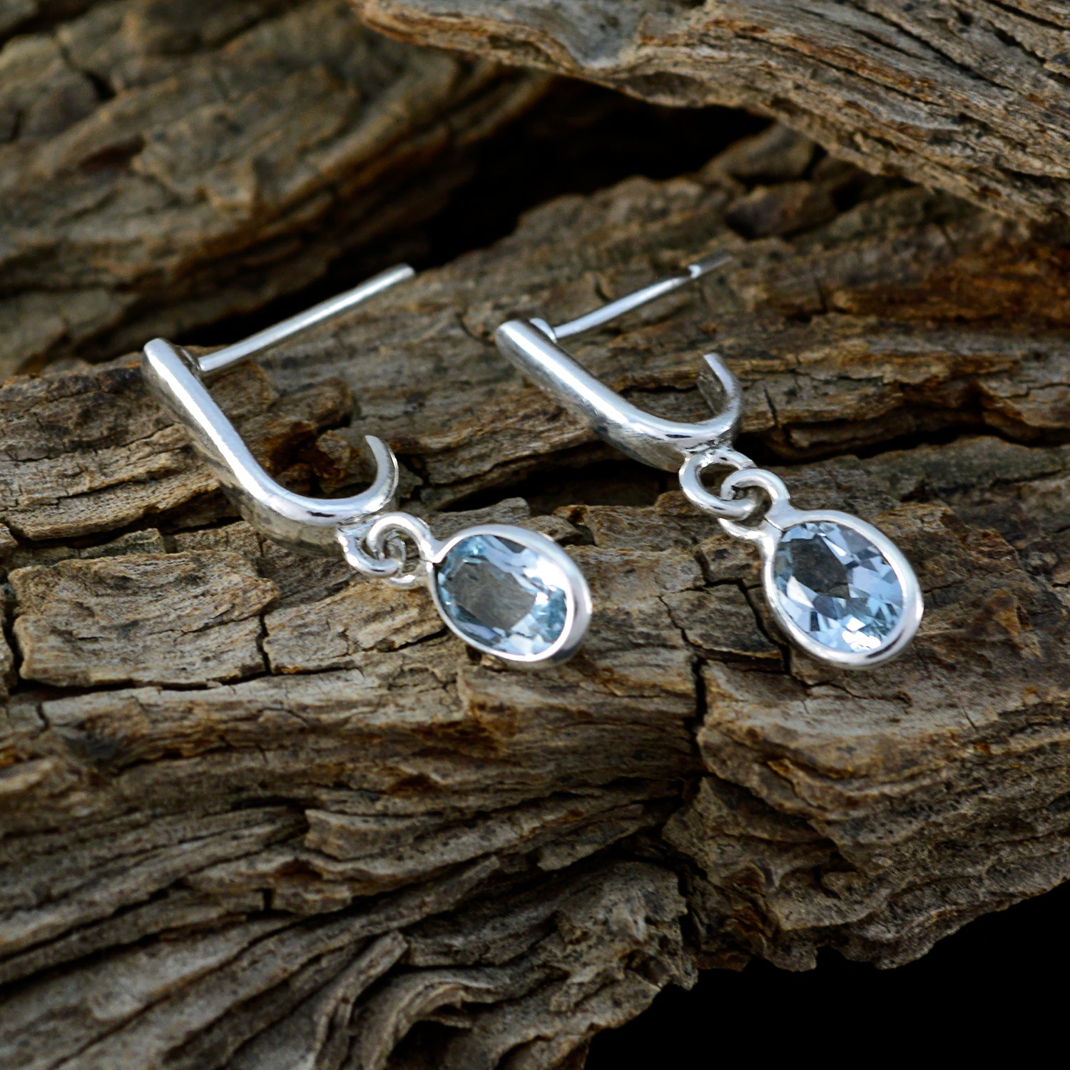 Riyo Natural Gemstone oval Faceted Blue Topaz Silver Earring gift for daughter's day
