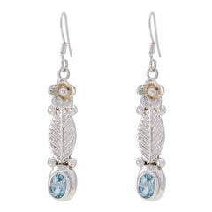 Riyo Natural Gemstone oval Faceted Blue Topaz Silver Earrings gift for mother